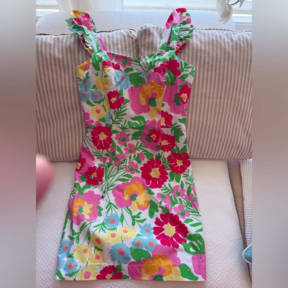 Lilly Pulitzer Pink and Orange Sunflower Sundress with Ruffle Straps.